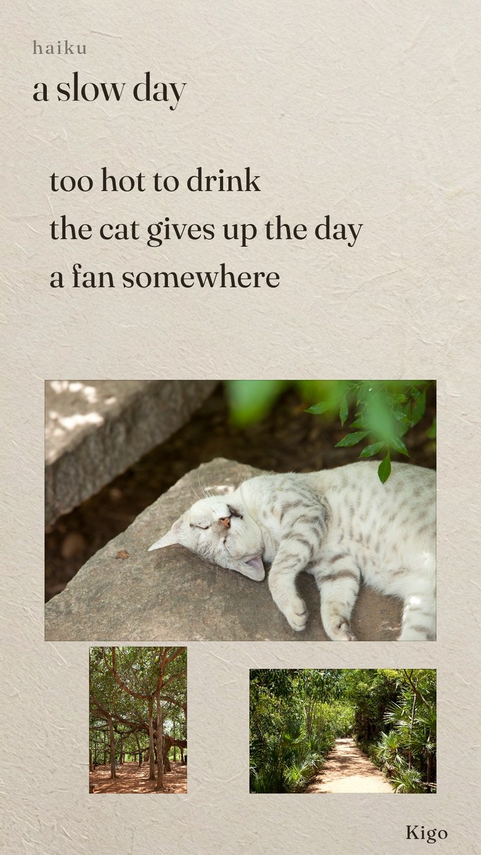 A haiku card: too hot to drink / the cat gives up the day / nothing to fix