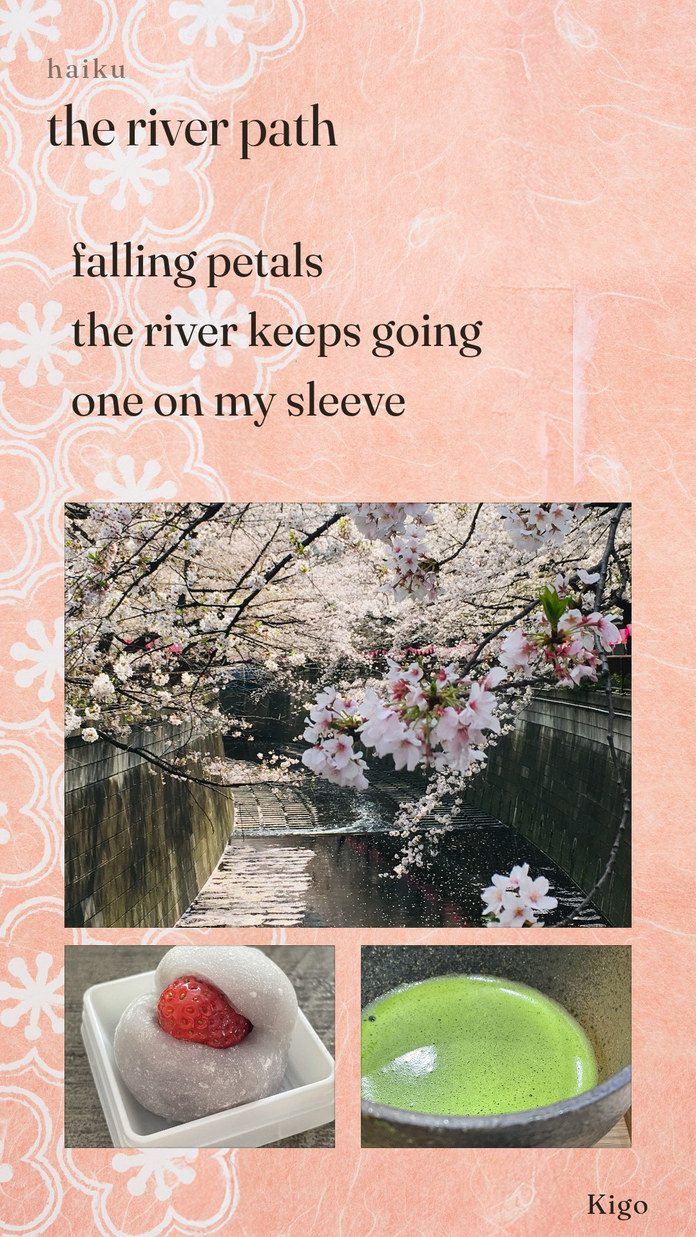 A haiku card: falling petals / the river keeps going / one on my sleeve