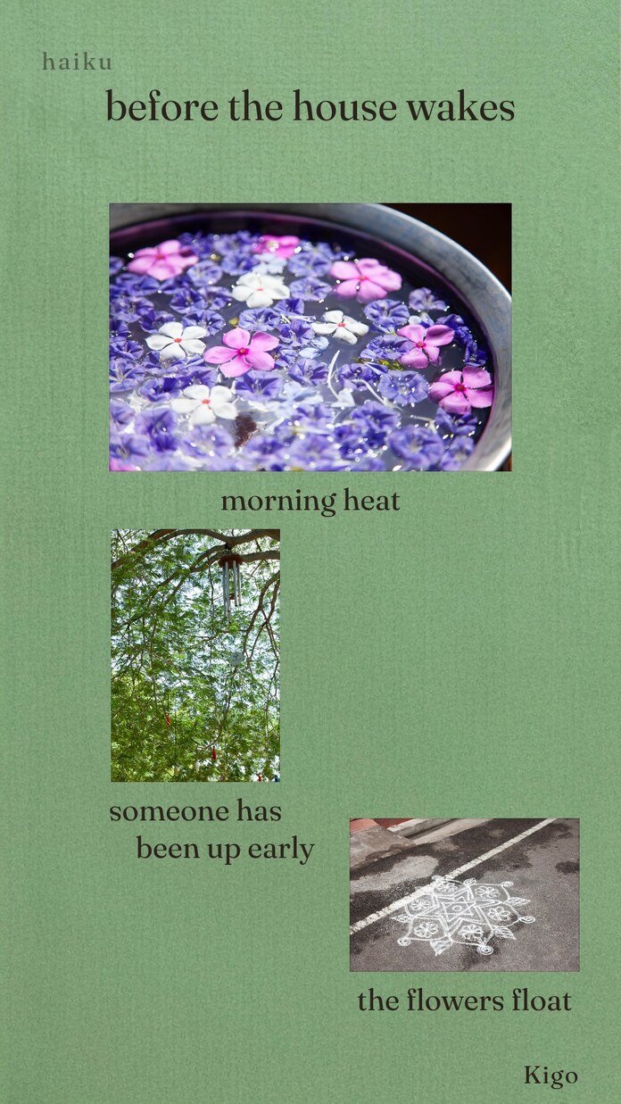 A haiku card: morning heat / someone has been up early / the flowers float