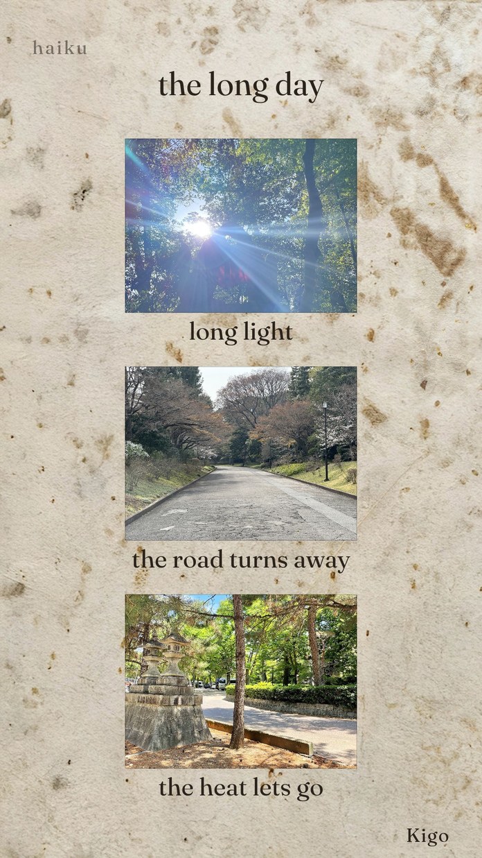 A haiku card: long light / sun on my back / my shadow ahead