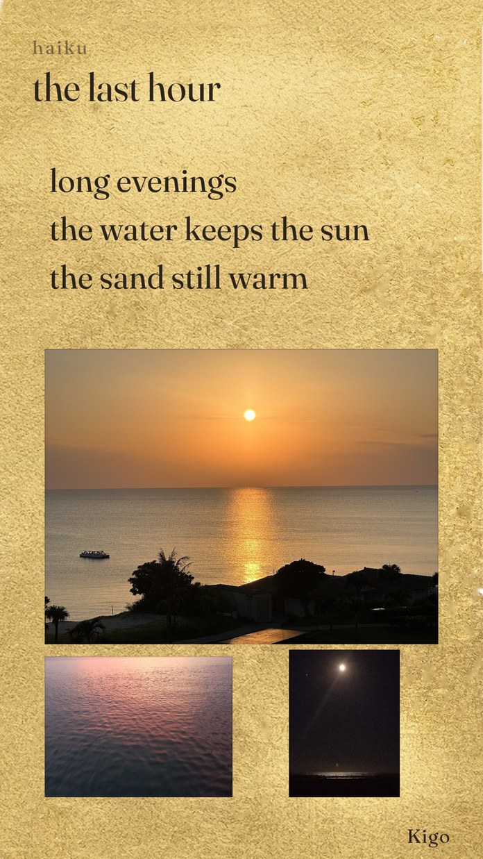 A haiku card: long evenings / the water keeps the sun / last light